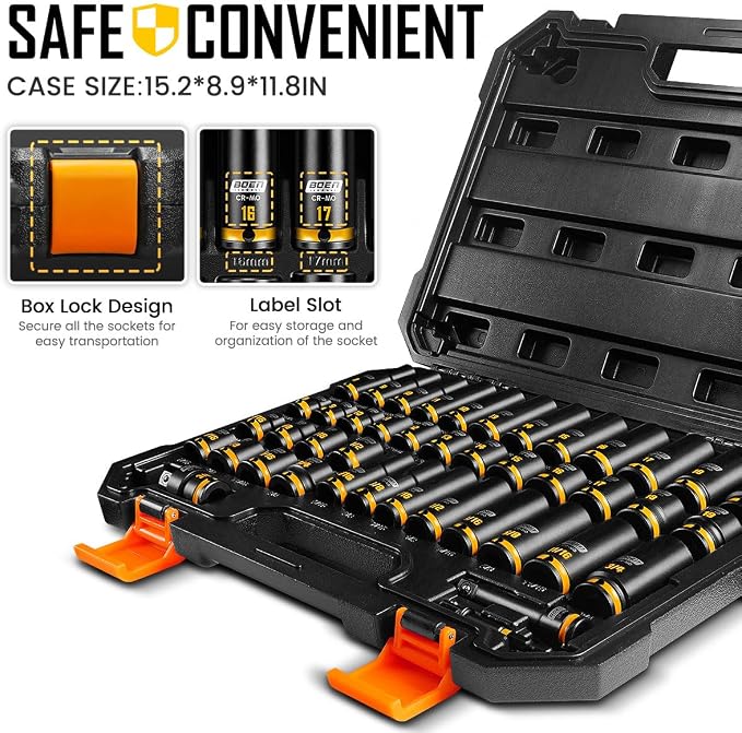 BOEN Pro 3/8" Drive Impact Socket Set, 43-Piece SAE(5/16"-3/4") & Metric(8-19mm) set, 6-Point Deep & Shallow Kit with Deep Embossed and Painted Marking, CR-MO, Includes Extension Bar, Universal Joint