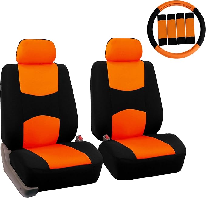 FH Group Car Seat Covers Flat Cloth Front Seats Only Orange Automotive Seat Cover, Airbag Compatible Universal Fit Interior Accessories Cars Trucks SUV Combo Steering Wheel Cover & Seat Belt Pads