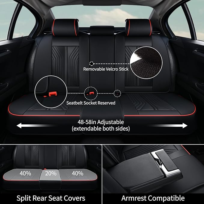 FLORICH Seat Cover for Car Front and Back Seats Leather Automotive Seat Covers Car Seat Covers SUV Custom Waterproof Car Seat Protector Cushion Universal Fit for Most Cars Trucks SUV, Black&Red Line