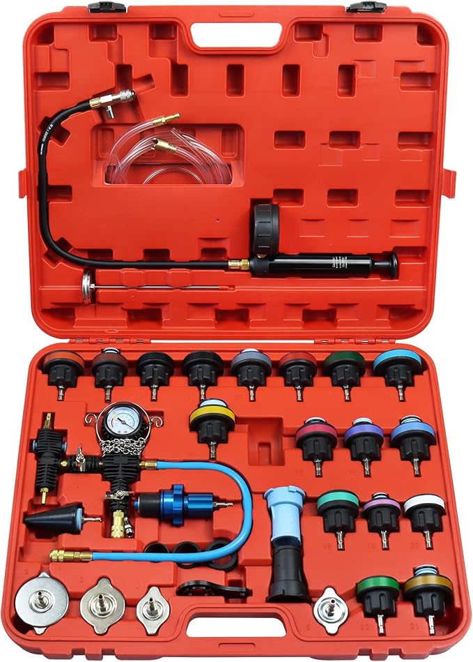 JoyFans Radiator Pressure Tester and Cooling System Pneumatic Vacuum Coolant Refill Tool 33Pcs Automotive Kit with Pressure Gauge, Radiator Adapters for Most Cars, Trucks, Airlift Red