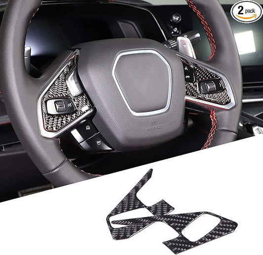 Steering Wheel Button Cover Compatible with Chevrolet Corvette C8 2020-2023, Steering Wheel Frame Trim, Car Steering Wheel Panel Protection Frame Molding Sticker (Black carbon fiber sticker)