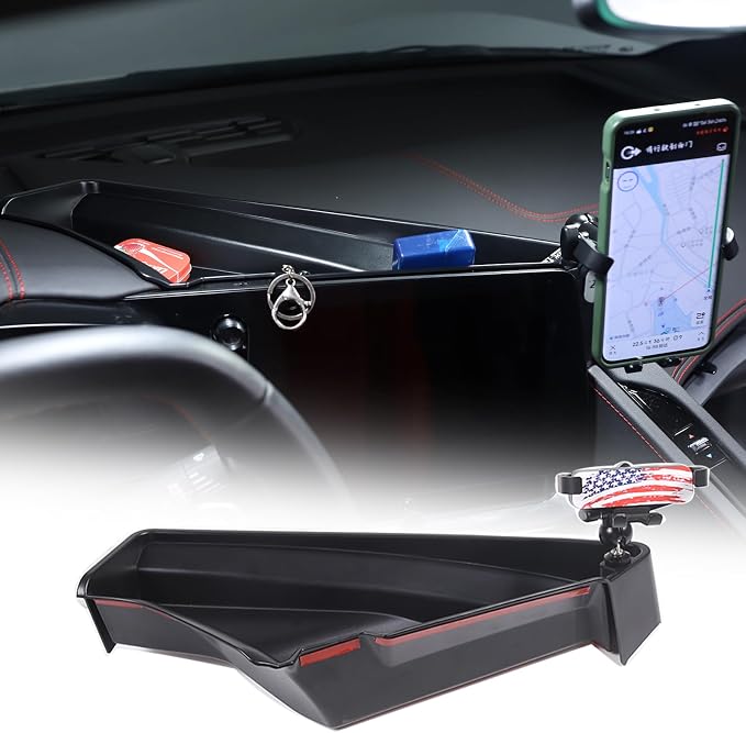 Sekhyna Navigation Screen Back Storage Box Compatible Corvette C8 Stingray 2020-2025,Dash Organizer Tray,Center Console Phone Insert Auxiliary Storage Tray Interior Accessories (with Phone Mount E)