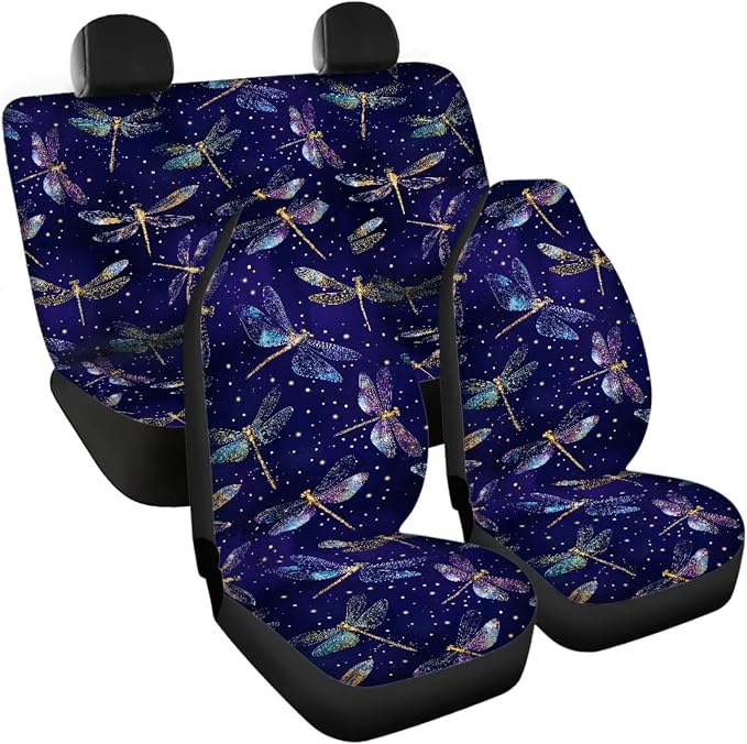 Dragonfly Steering Wheel and Car Seat Set with Coasters+Seatbelt Pads+Gear Lever Cover+Hand Brake Cover 11 Pack Universal Fit Most Vehicles Auto Accessories for Women