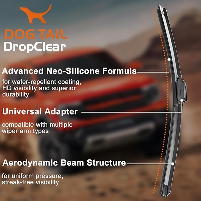 DOG TAIL Water Repellent Silicone Wiper Blades 26" 17" Set with Multiple Adapters and 2 Refills, Automotive Replacement Front Windshield Wiper Blades for My Car with Water Repellency Formula DropClear