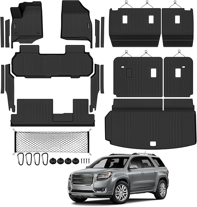 Tongama-Floor Mats for 2024-2026 Chevy Traverse/GMC Acadia 8 Seat with Bench Seats, All Weather TPE Trunk Mat & 2nd/3rd Row Backrest Mats & Cargo Net & Full Coverage Door Sill Guards Kit