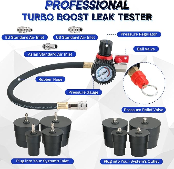 Turbo System Leakage Tester Kit | 12-Piece Turbo Boost Leak Tester with 4 Pairs of 1-3/8" to 3-1/2" Stepped Adapters, Turbo Pressure Leakage Tester for Cooling Emissions Exhaust Pipes