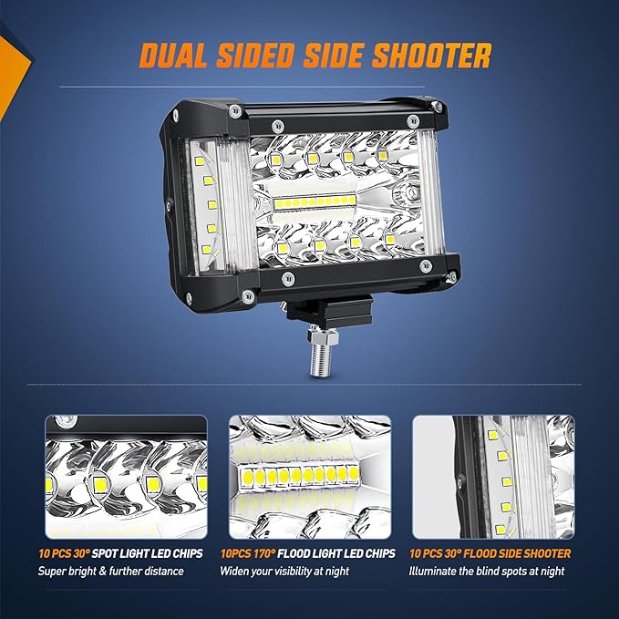 Nilight Side Shooter Light Bar 2 PCS 4.3 Inch Triple Row Spot Flood Combo for Off Road Fog Driving Work Lighting on Truck SUV ATV UTV