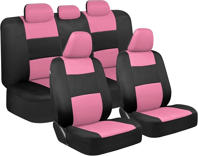 BDK PolyPro Pink Car Seat Covers for Women Gift Set Bundle - Seat Covers for Cars with Carpet Floor Mats, Fur Steering Wheel Cover and Bling Windshield Sunshade