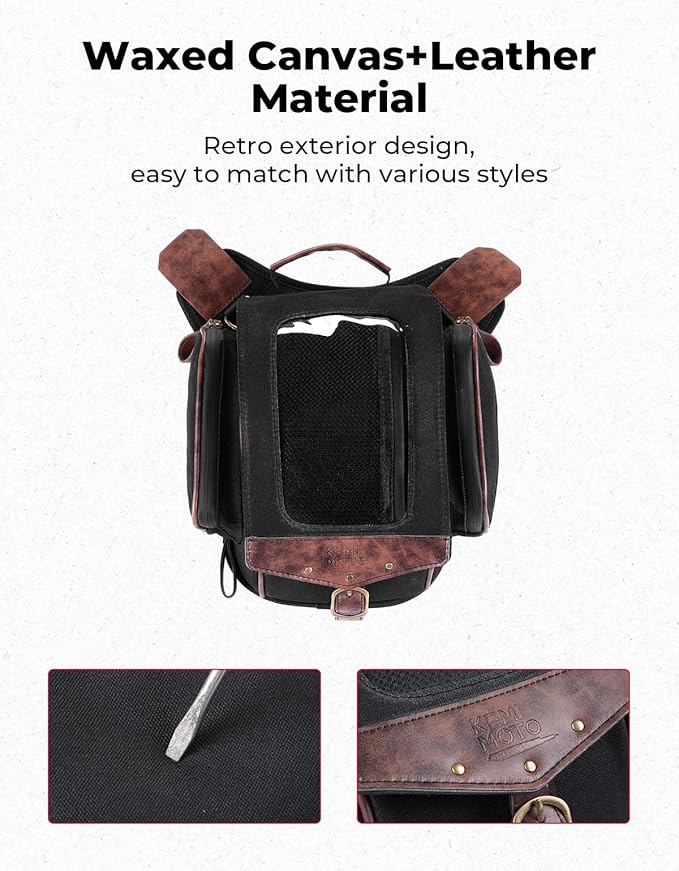 KEMIMOTO Motorcycle Tank Bag, Retro Expandable Storage Thigh Bag Leg Bag with Leg Strap, Waterproof Touch Screen Protector for Mobile Phones, Oil Waxed Canvas Material, Black 8.5L