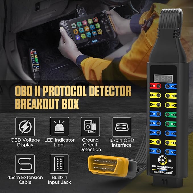 Upgraded OBD2 Breakout Box 16-Pin CAN Diagnostic Tool with LCD Voltage Display & 3-Color LED Indicator, 45cm TPU Cable + 4-Color Jumpers, Works with Multimeter/Oscilloscope, E CU Power Supply