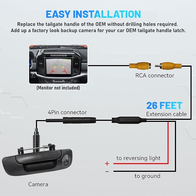 EWAY Tailgate Handle Reverse Camera for 2002-2008 Dodge RAM 1500 2500 3500 Tailgate Latch Door Handle Aftermarket Reversing Back Up Rear View Backup Camera RCA Connector w/ 26FT Extension Harness