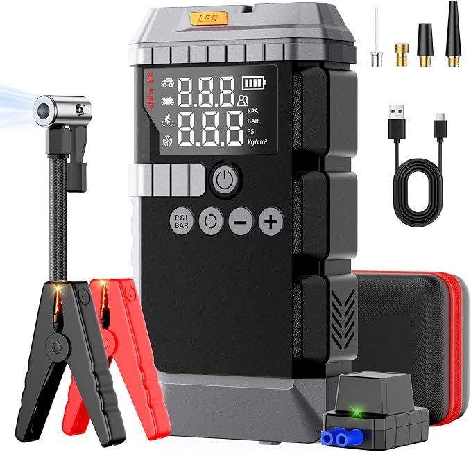 Portable Car Battery Jump Starter with Air Compressor, 6000A Car Battery Booster (All Gas/12L Diesel) with 45W Fast Charge, 160PSI Auto-Shut Off Tire Inflator,LED Light, Jumper Cables,Golves