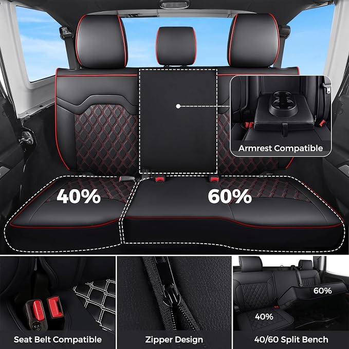 Huidasource Fit for Chevy Silverado Seat Covers, GMC Sierra Seat Covers for Truck 2014-2018 1500, 2015-2019 2500HD 3500HD Crew Double Extended Cab, Nappa Leather Seat Cover for Trucks (Full Set/Red)