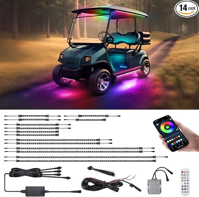 Roykaw Golf Cart Underglow LED Strip Lights Accent Neon Lighting Kit w/Canopy, Wheel Well & Interior Lights for EZGO Yamaha Club Car, Million Colors/Waterproof IP68/Sync to Music, Fits 12V-80V, 14PCS