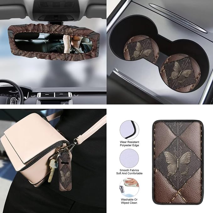 Butterfly Printed Car Seat Covers Full Set Universal Car Interior Accessories Set Included Steering Wheel Cover Seat Belt Pad Armrest Protector Coaster for Auto, Brown