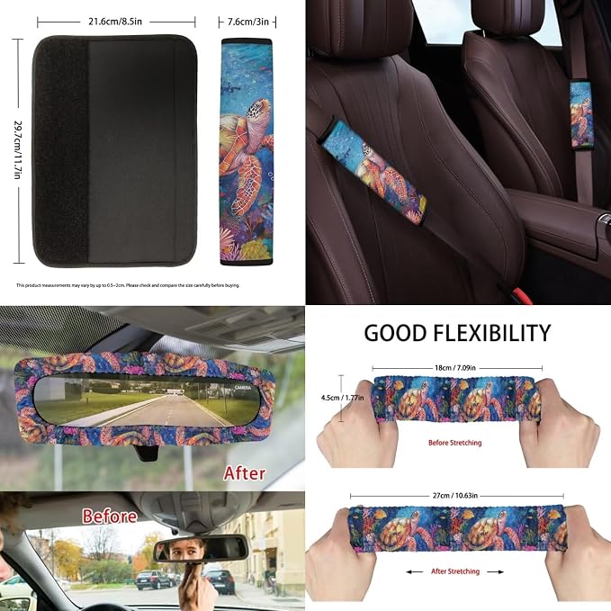 Suobstales Sea Turtle Print Car Accessories Set of 13, 4 Auto Seat Covers, 1 Steering Wheel Cover, 1 Car Trash Can, 2 Seat Belt Covers, 2 Coasters, 1 Rearview Mirror Cover, 2 Keychians