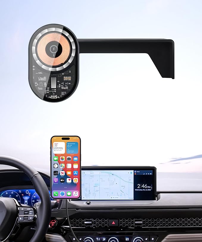 Wireless Charging Car Phone Holder for Honda Accord/Hybrid 2023-2026, 12.3" Screen Fixed Clip, 360° Rotation Car Phone Mount Compatible with MagSafe