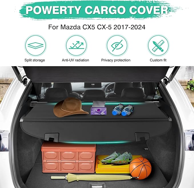 Powerty Cargo Cover for Mazda CX5 CX-5 2017-2024 2025 Accessories Retractable Trunk Cover Waterproof Trunk Security Cover Shielding Shade No Gap