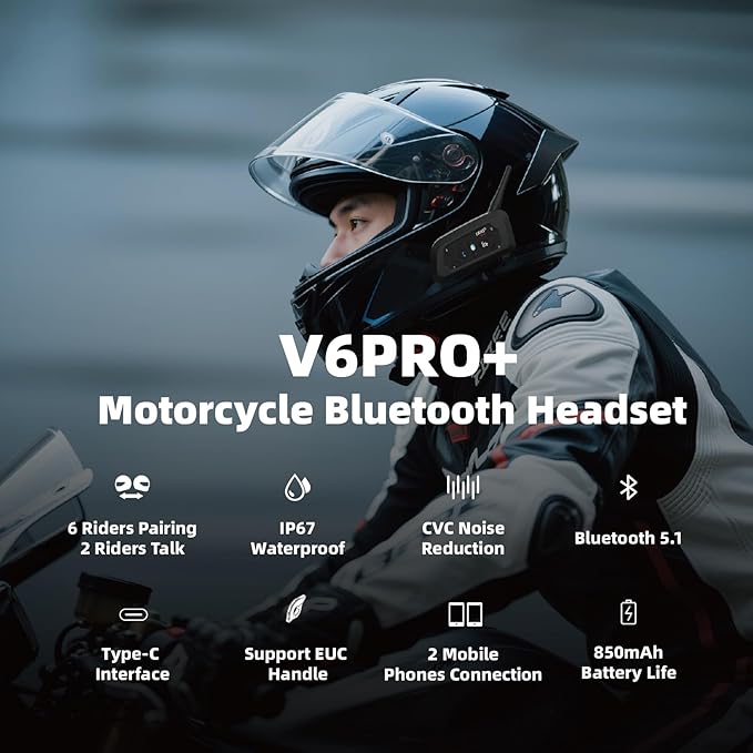 EJEAS V6 Pro+ Motorcycle Helmet Bluetooth 5.1 Intercom Headset, V6 Pro Upgraded Version, Equipped with Type-C Interface(2 Pack)