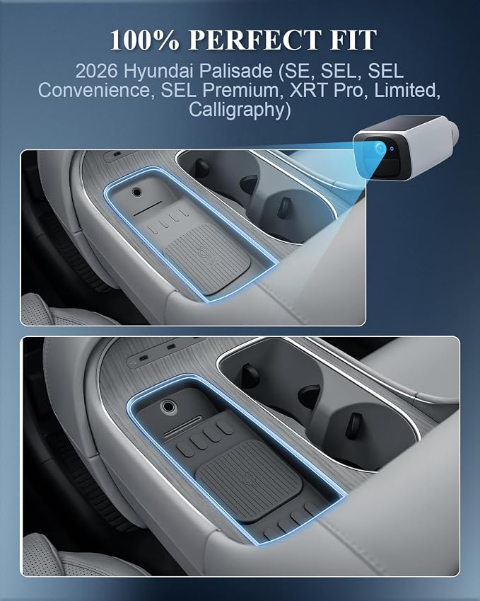 BIBIBO for 2026 Palisade Silicone Charging Mats 2026 Hyundai Palisade (SE, SEL, SEL Convenience, SEL Premium, XRT Pro, Limited, Calligraphy) Center Console Insert Wireless Charging Mats