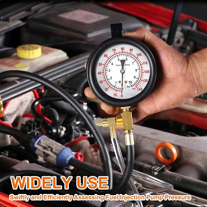 Pro Fuel Injection Pressure Tester Kit Gauge 0-140 PSI with 9.49,7.89,6.30 Fuel Line Fittings