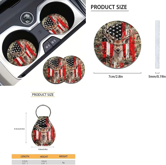 Suobstales Deer American Flag Camo Print Car Accessories Car Seat Covers Full Set of 11, Auto Interior Cover Seat Protector with Steering Wheel Cover, Seat Belt Pads, Coaster, Keychains