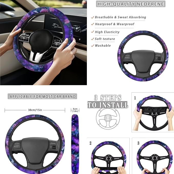 Purple Rose Butterfly Car Seat Covers Full Set for Women Cute Car Accessories Seat Cover with Wheel Cover Seatbelt Covers Car Coasters Trash Can Car Headrest Pillow Covers Armrest Pad