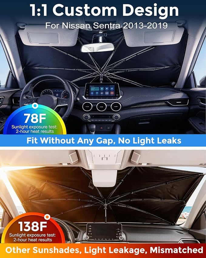 Weektic Custom Windshield Sun Shade Umbrella for Nissan Sentra 2013-2019, [Double Thickened Ice Crystal Coating] Sun & Heat Protection, Keep Vehicle Cool & Protect Interior