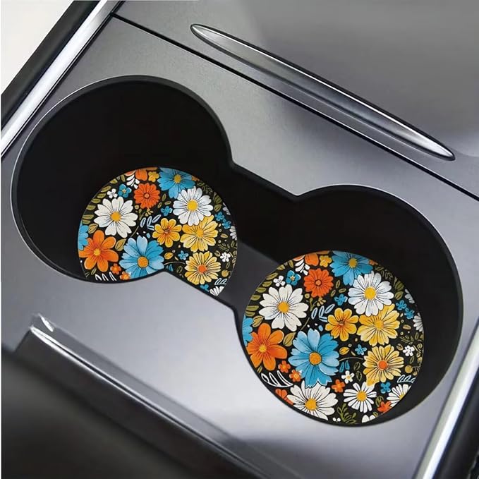 BIGCARJOB Hippie Daisy Print Car Seat Cover Set of 12 Pieces Stylish Daisy Print Car Accessories Set with Seat Belt Cover,Armrest Pads,Cup Holder Coaster,Universal Steering Wheel Covers