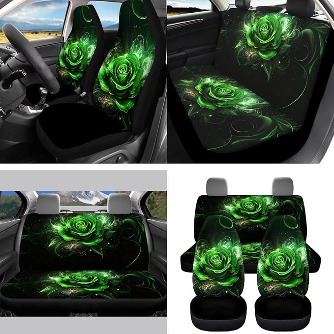 Green Rose Car Seat Covers Full Set for Women Cute Car Accessories Interior Car Steering Wheel Cover Seatbelt Covers Trash Bin Rear View Mirror Cover Cup Holders Keychain