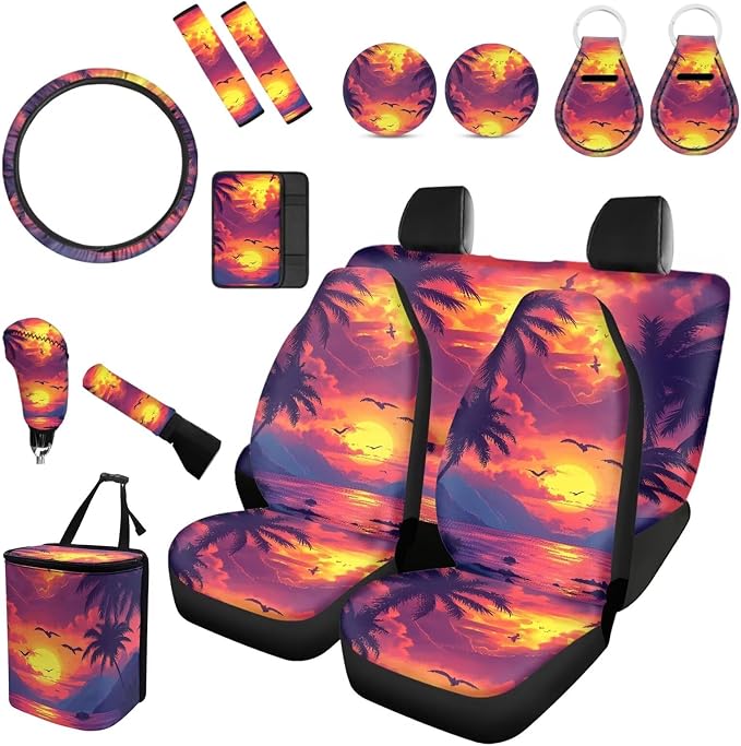 Forchrinse Hawaii Palm Beach Sunset Car Seat Cover Full Set for Women Fashion Steering Wheel Cover/Armrest Cushion/Seatbelt Cover/Garbage Can/Handbrake Gear Shift Cover,Set of 15