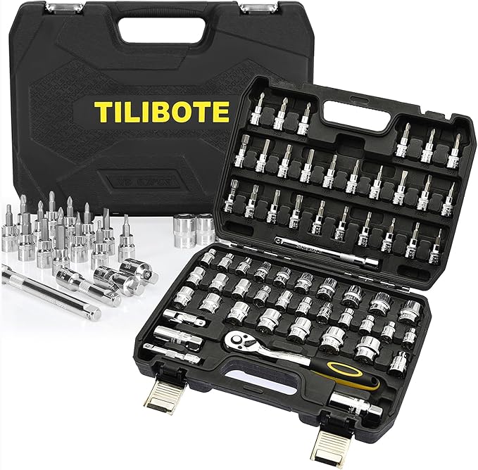 TILIBOTE Socket Wrench Set, 62PCS 3/8" Ratcheting Wrench Set With 72 Tooth Count Ratchet, SAE & Metric From 5/16" - 7/8 ", 6mm - 23mm,Tool Set For Home Use and Automotive Repair