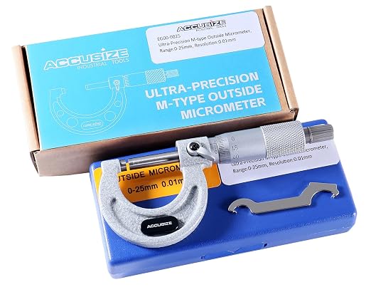 Accusize Industrial Tools Outside Micrometer, 0-25mm, EG00-0025 | 0-25mm, Ultra-Precision, Carbide Tipped, M-Type, Resolution 0.01mm, Ratchet Friction Thimble, Solid Storage Case