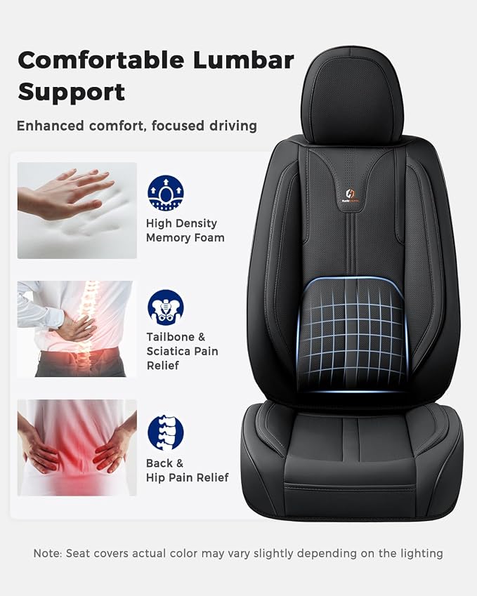 Huidasource Black Front Seat Cover Luxury Nappa Leather, Front Car Seat Cover with Airbag, Front Storage Pocket, Lumbar Support, Cooling＆Heating, Universal Fit for Most Cars SUV Trucks, Black