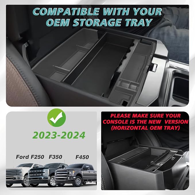 Muslogy Center Console Organizer(Fit With OEM Tray) (Black)& Extra Thick Armrest Cover (Bucket Seat Only) Compatible with Ford F250 2023-2024