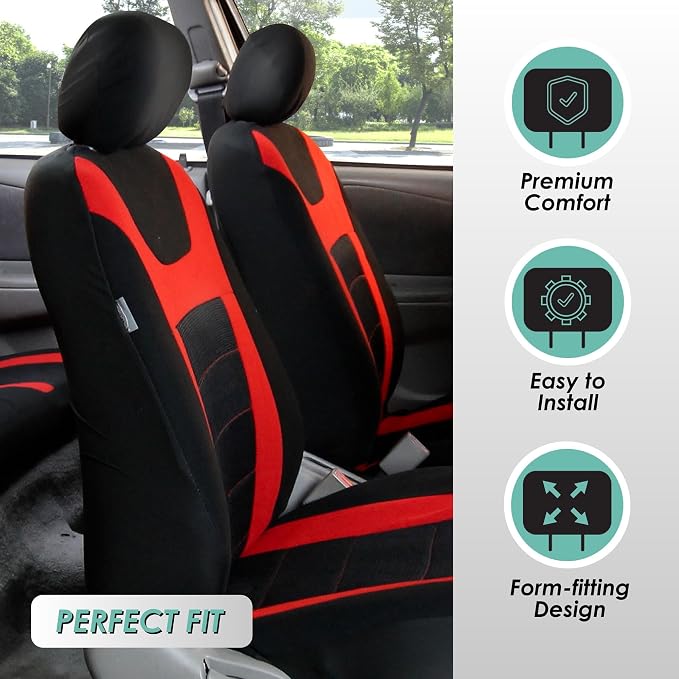 FH Group Car Seat Covers Universal Fit Full Set Interior Accessories, Sports Red Seat Covers with Airbag and Split Rear Automotive Combo Vinyl Floor Mats Seat Covers for Cars Vans Trucks and SUV