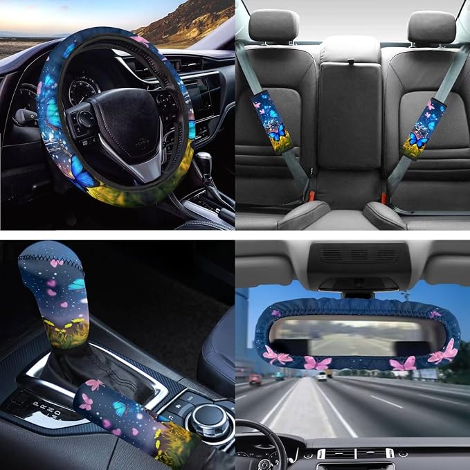 Blue Butterfly Car Seat Covers Sets 14pcs,Flower Butterfly Car Mirror Covers+Coaster+Butterfly Keychain+Gear Shift Knob Handbreak Cover+Seatbelt Pads for Women Vehicle Decor