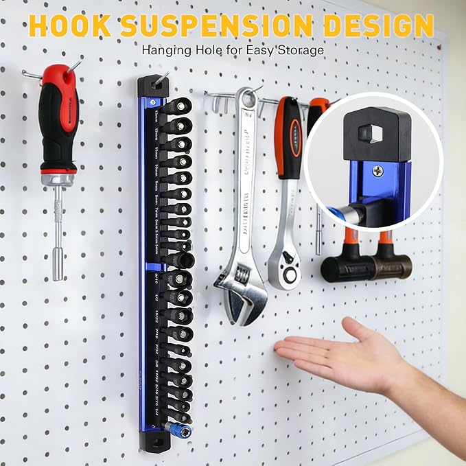 22-Piece Magnetic Nut Driver Set, Metric & SAE (5-13mm & 1/4"-9/16"), 65mm Long, 1/4" Hex Shank Drill Socket Set, Wing Nut-Driver Bit, Quick-change Extension, Magnetic Aluminum Storage Rail