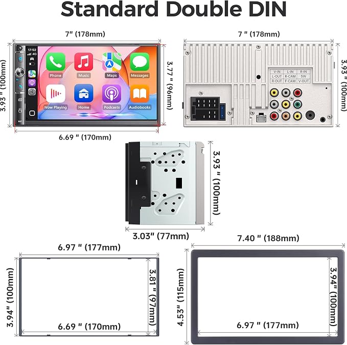 7" Double Din Car Stereo, Wireless Apple Carplay & Android Auto, HD Touchscreen, Bluetooth, 240W, SWC, Subwoofer Output, FM/AM, Mirror Link, Backup Camera, Car Radio Receiver