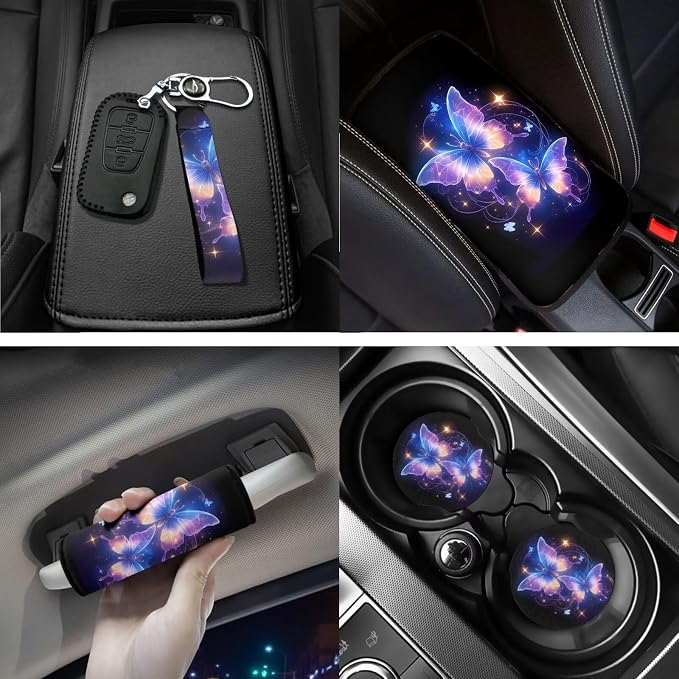 Colorful Butterfly Car Seat Covers Full Set for Women, Floor Mats Steering Wheel Cover Shoulder Pads Armrest Pad Cover Roof Gloves Cup Coaster Keychain, Car Interior Accessories Set of 18