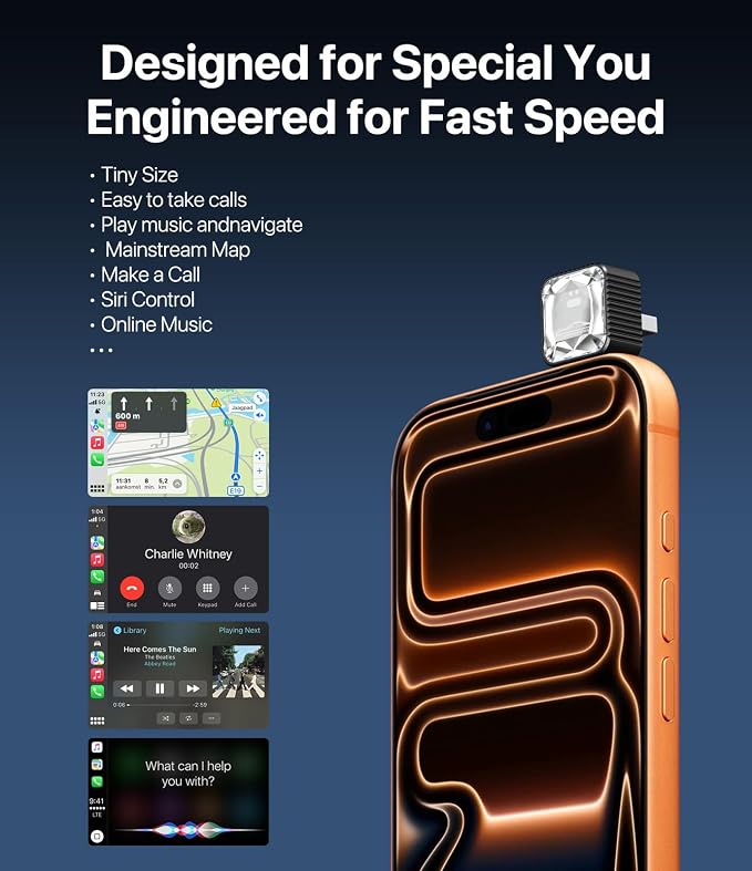 Wireless CarPlay Adapter for iPhone, Premium Glass Finish Design, 5s Auto-Connect, Mini Wireless CarPlay Dongle Compatible with Apple CarPlay, Plug & Play for Factory Wired Cars, Low Latency, Orange
