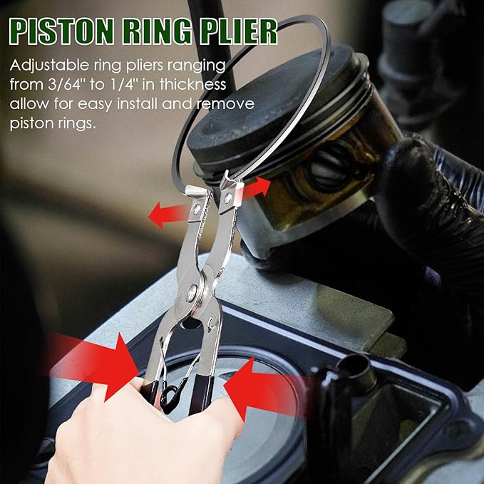 Auto Engine Piston Ring Compressor Tool Set with Piston Installer Pliers and 14 Piston Rings(62-145mm) for Car Truck Auto Engine
