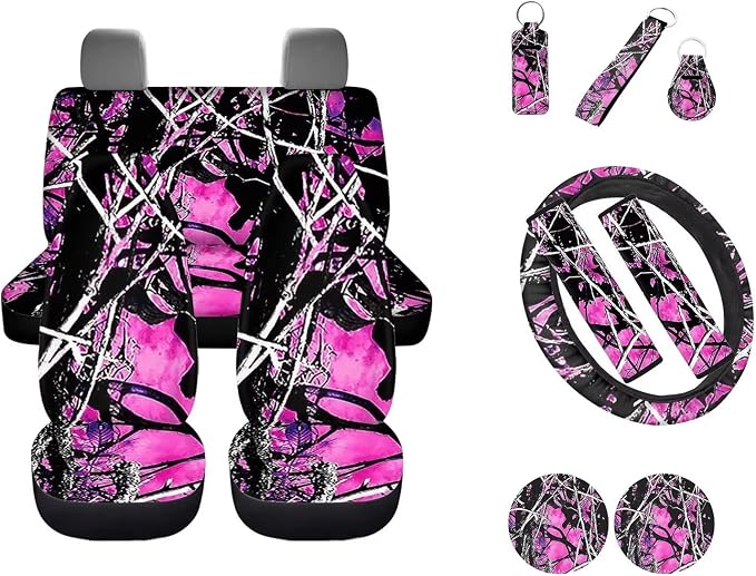12 Pc Purple Camo Oak Hunting Print Car Seat Covers Full Set Universal Auto Protector with Steering Wheel Covers/Seat Belt Pads/Key Chain/Coaster/Lipstick Holder for Most Cars Truck Suvs