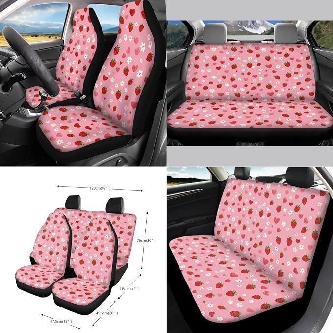 Strawberry Flower Print Car Seat Covers Front and Back Full Set with Steering Wheel Cover Safety Belt Pads Inside Rearview Mirror Protector Garbage Bag Cup Coasters and Keychain