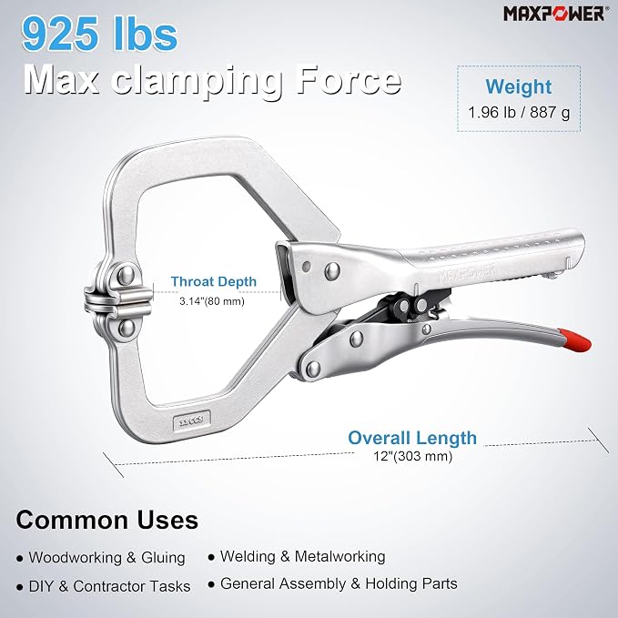 MAXPOWER 12-Inch Self-Adjusting Locking C-Clamp, Swivel Pads, C Clamp Locking Pliers, 3.14" Throat Depth, 3.54" Jaw Capacity, 925 lbs Maximum Clamping Force