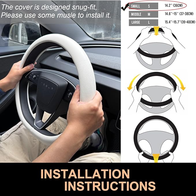 PINCTROT Nappa Leather Steering Wheel Cover for Tesla Model Y/3 Highland/Juniper, D Shaped 14 Inch Small Sized with Breathable Perforation, Fit Like Gloves, Flat Bottom 14 Inch(Nappa White)