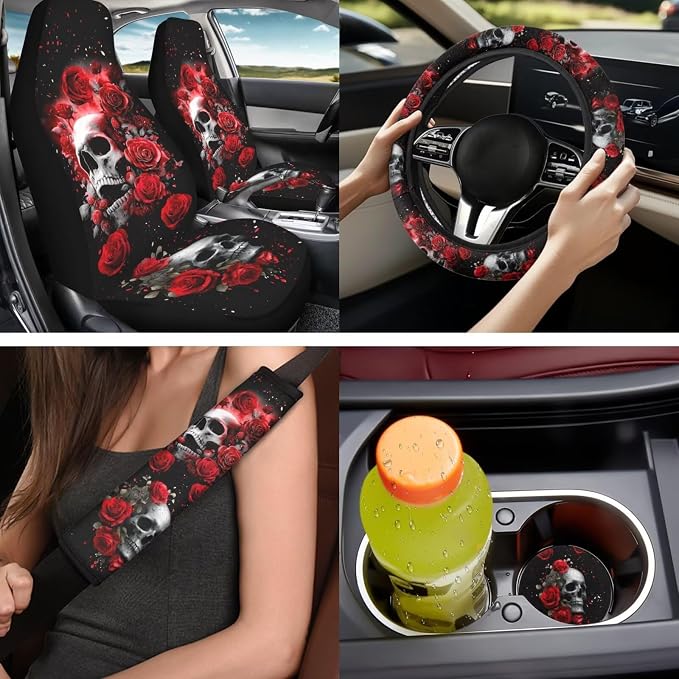 Bulopur Gothic Skull Red Rose Vehicle Seat Covers Front and Backseat with Matching Car Armrest Pad 15 Inch Steering Wheel Cover Auto Seat Belt Covers Coasters Automotive Interior Decor Set