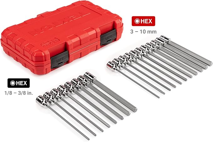 TEKTON 3/8 Inch Drive Long Hex Bit Socket Set with Case, 19-Piece (1/8-3/8 in., 3-10 mm) | SHB91315 (Pack of 6)