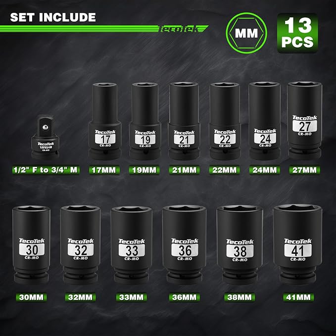 TecoTek 3/4" Drive Deep 6-Point Impact Socket Set, 13-Piece Jumbo Assortment, Cr-Mo, Metric (17mm to 41mm), 1/2" F to 3/4" M Impact Socket Adapter, for Large Vehicle and Apparatus Maintenance