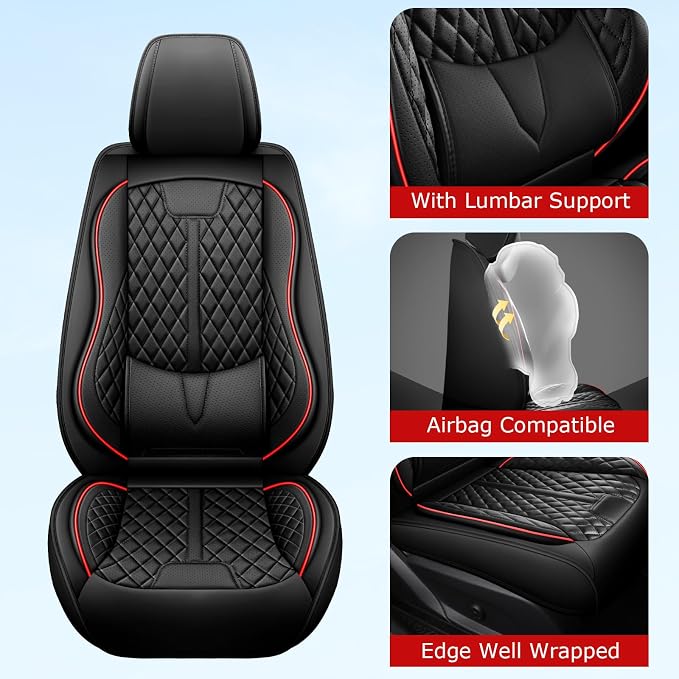 otoez Leather Car Seat Covers Full Set, Breathable Waterproof Nappa Leather Front Rear Car Seat Protectors with Lumbar Support, Universal Automotive Seat Covers for Most Cars SUV Truck Sedan (Black)